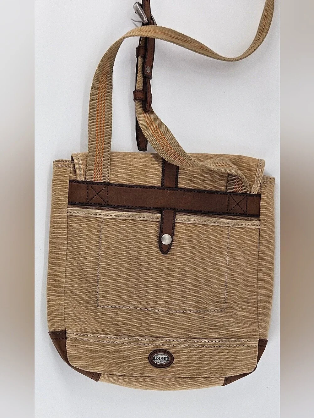Canvas Fossil Crossbody Messenger Bag - Tan with Brown Faux Leather Trim